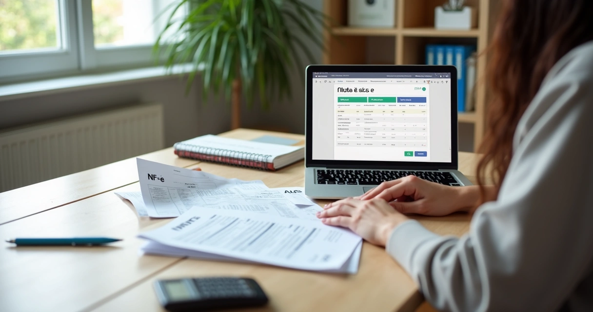 Microempreendedor organizando notas fiscais e documentos sobre a mesa 