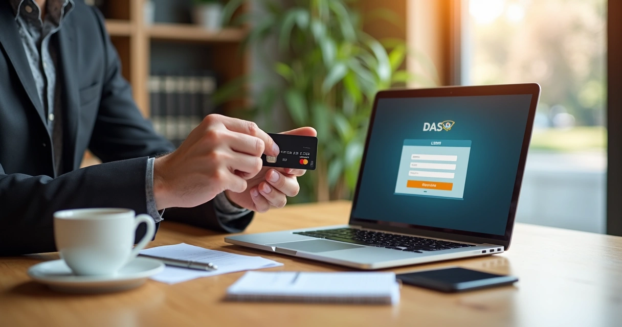 Empreendedor segurando cartão próximo a computador com tela de pagamento do DAS 