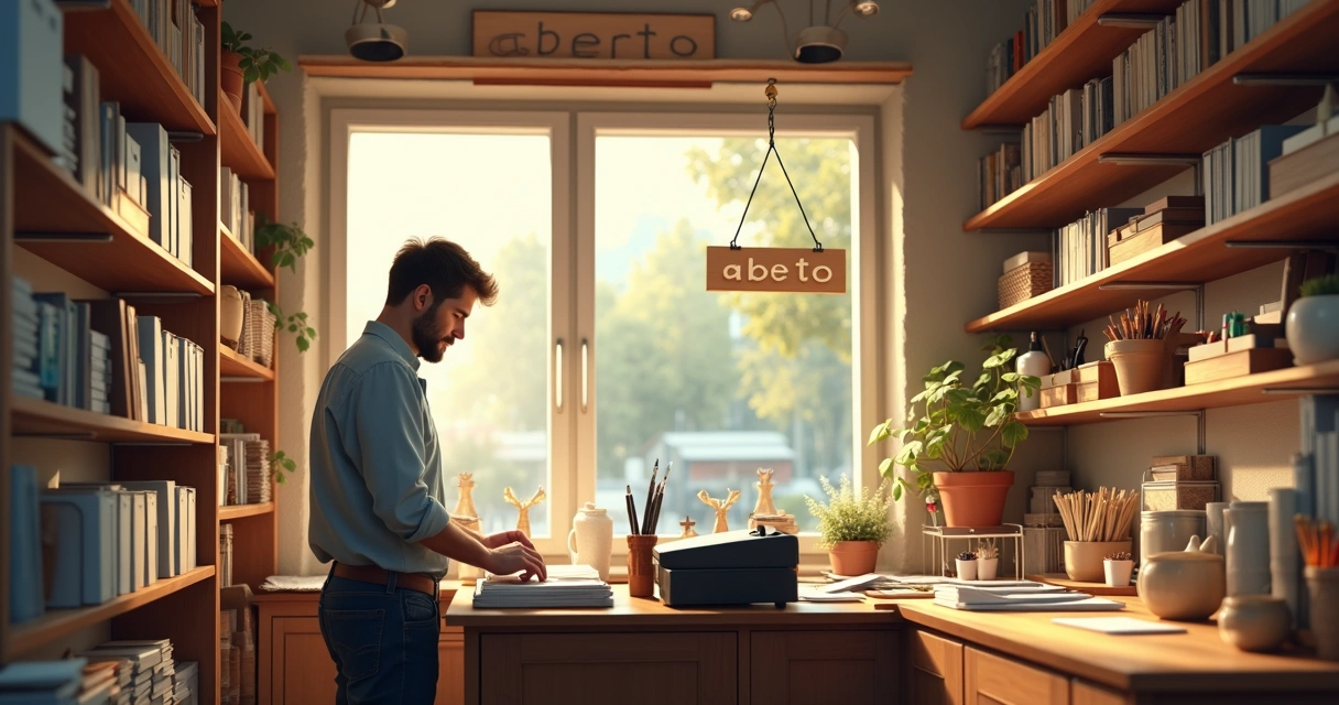 Proprietário organizando pequena loja recém-aberta com prateleiras e itens de papelaria 