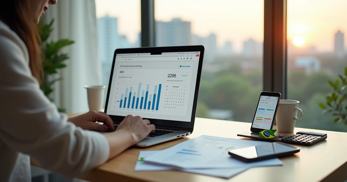 Microempreendedor fazendo planejamento financeiro com gráficos e calendário de 2026 na tela do notebook 