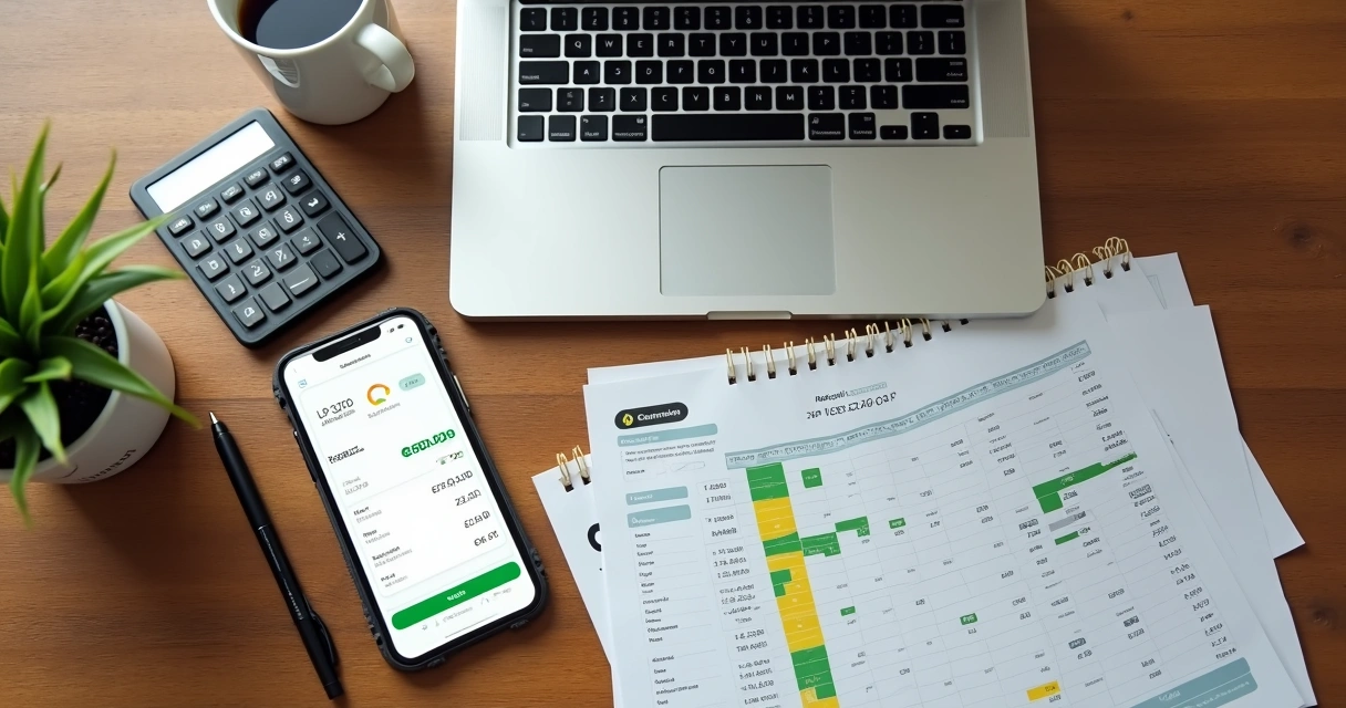 Mesa com celular aberto no DAS e planilha de receitas 