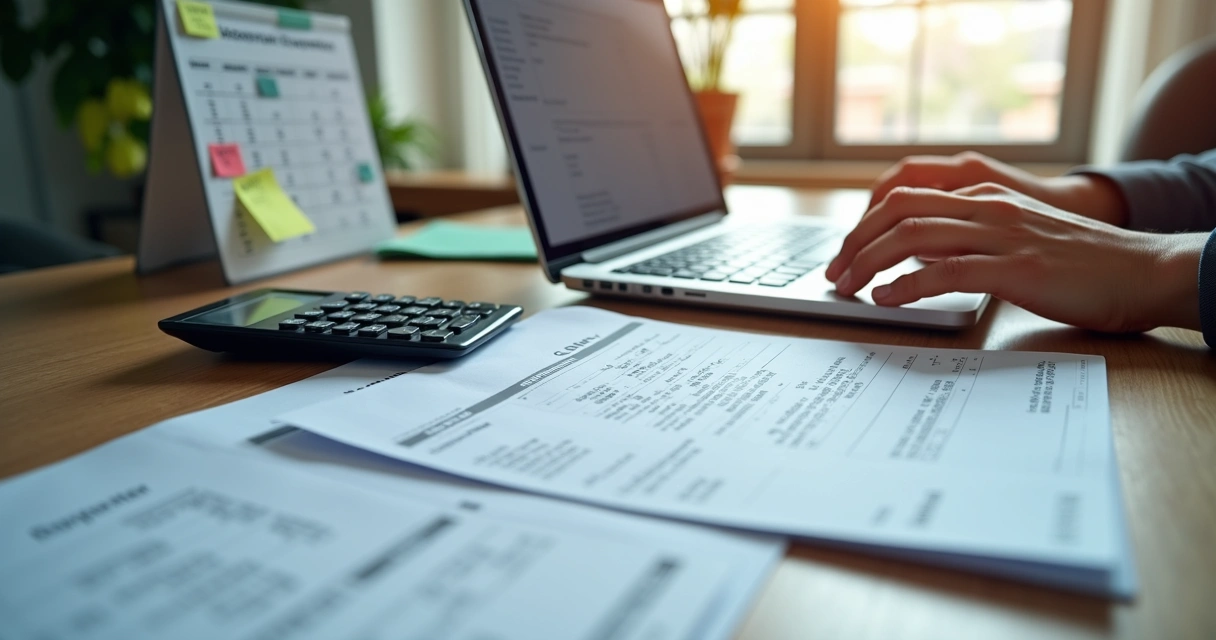 Comprovantes fiscais organizados ao lado de um computador com planilha aberta