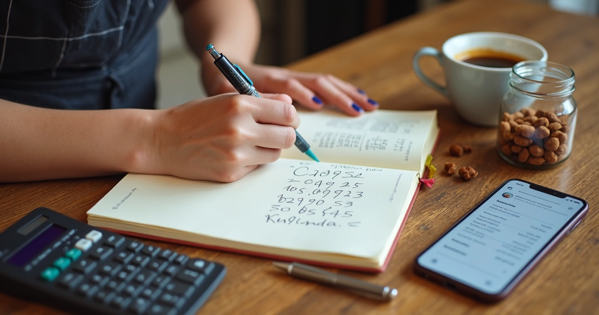 Pessoa fazendo registro de vendas em caderno ao lado de ingredientes para doces 