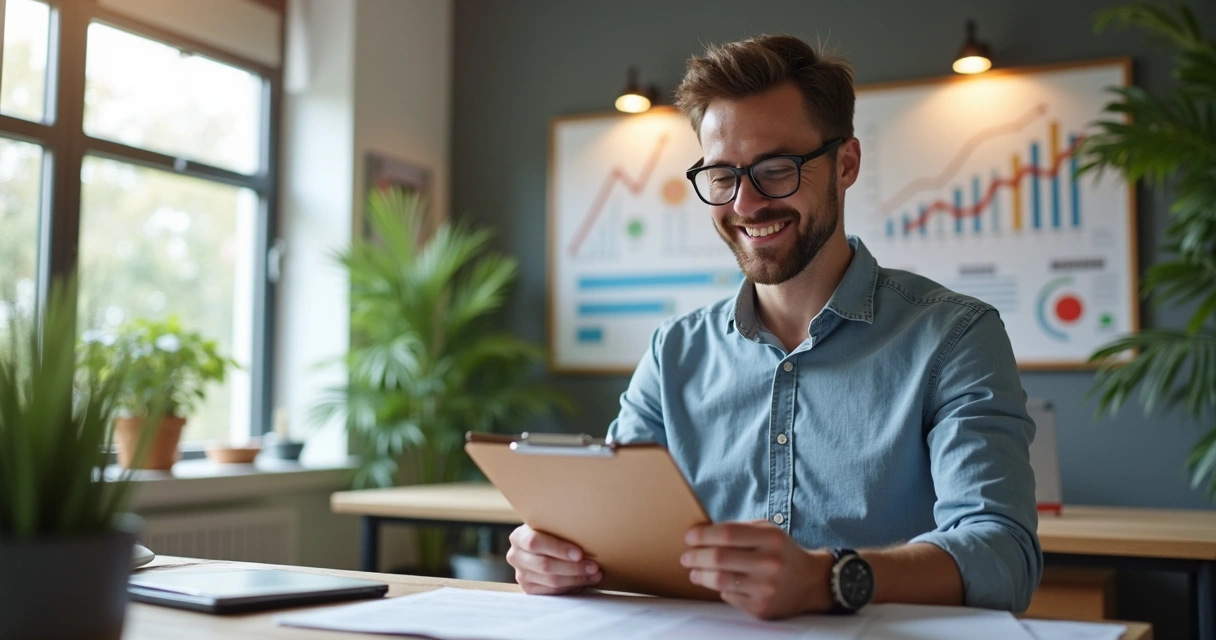 MEI consultando prancheta e sorrindo ao lado de gráficos crescendo. 