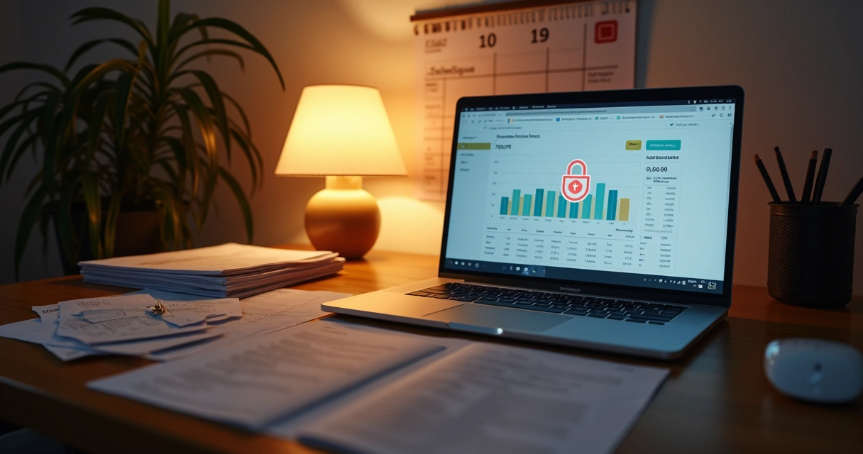 Mesa organizada com papéis de relatório mensal de receitas de MEI ao lado de notebook com cadeado digital na tela 