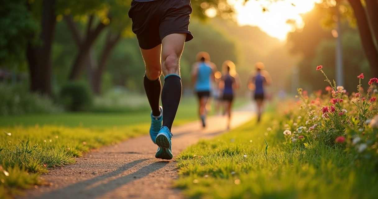 Atleta treinando usando meia de compressão esportiva em parque verde de Campinas 