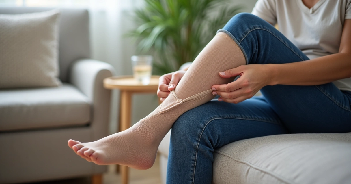 Pessoa ajustando uma meia de compressão nas pernas 