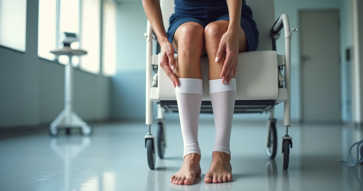 Paciente de varizes colocando meia de compressão após procedimento 