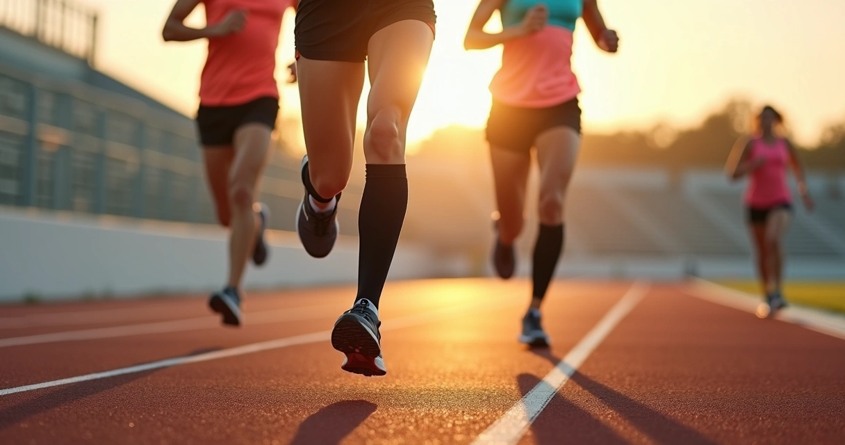 Mulher correndo em pista usando meias de compressão esportivas 
