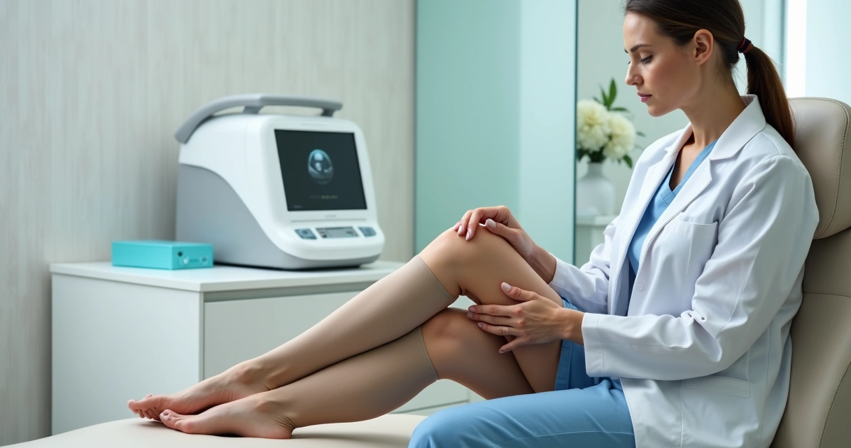 Mulher em consultório vascular vestindo meia compressiva pós-operatório de varizes 