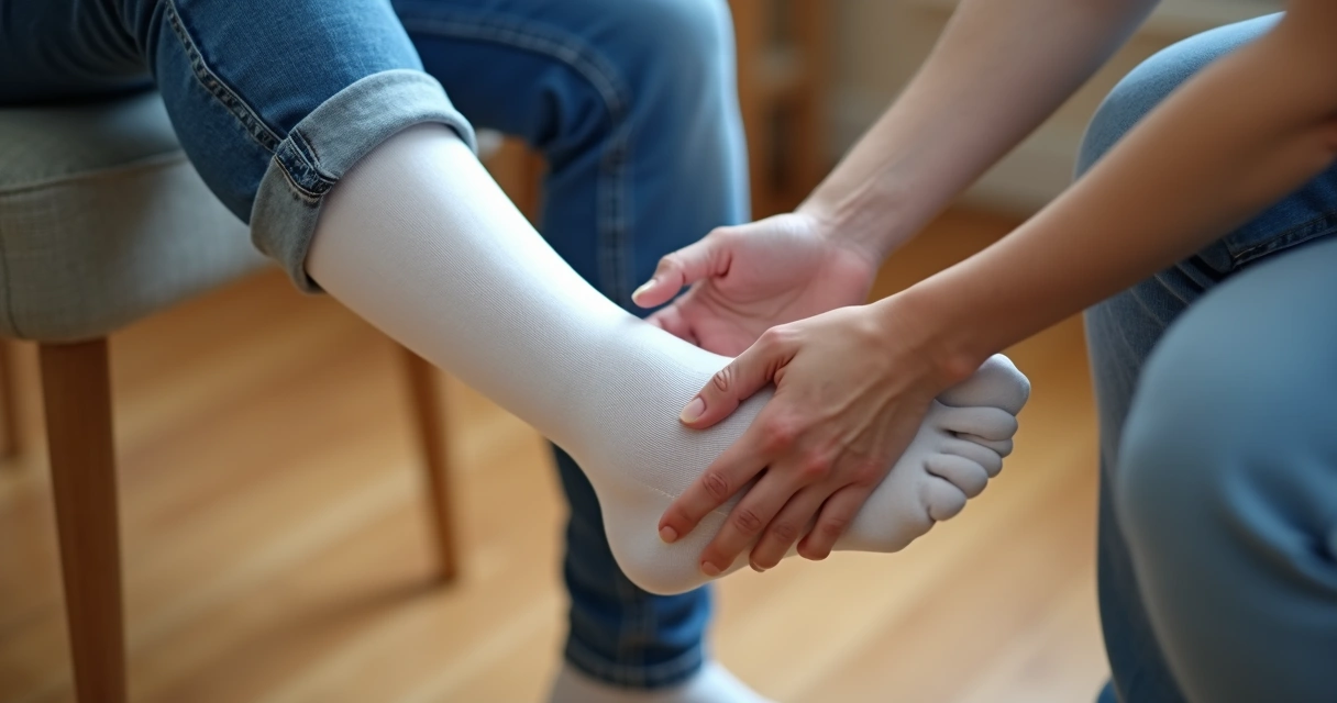 Pessoa vestindo meia de compressão após cirurgia de varizes