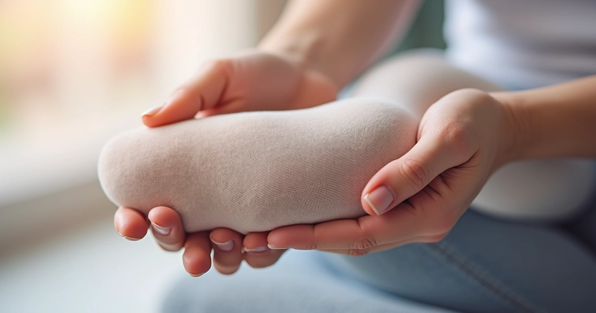 Detalhe de uma meia elástica em close, mostrando textura e compressão 