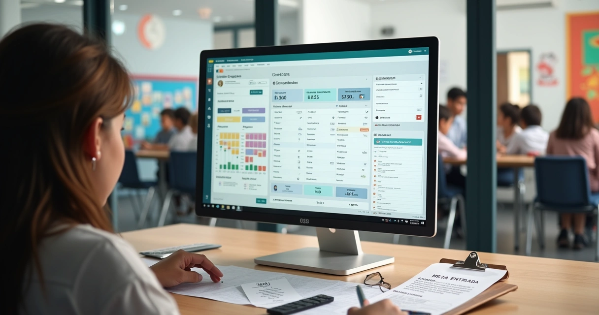 Gestor escolar analisando categorias de ingressos com meia-entrada em painel digital 