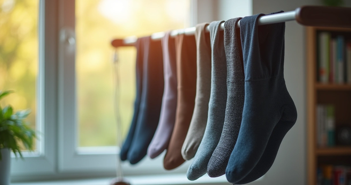 Meia de compressão masculina estendida secando naturalmente em ambiente ventilado 