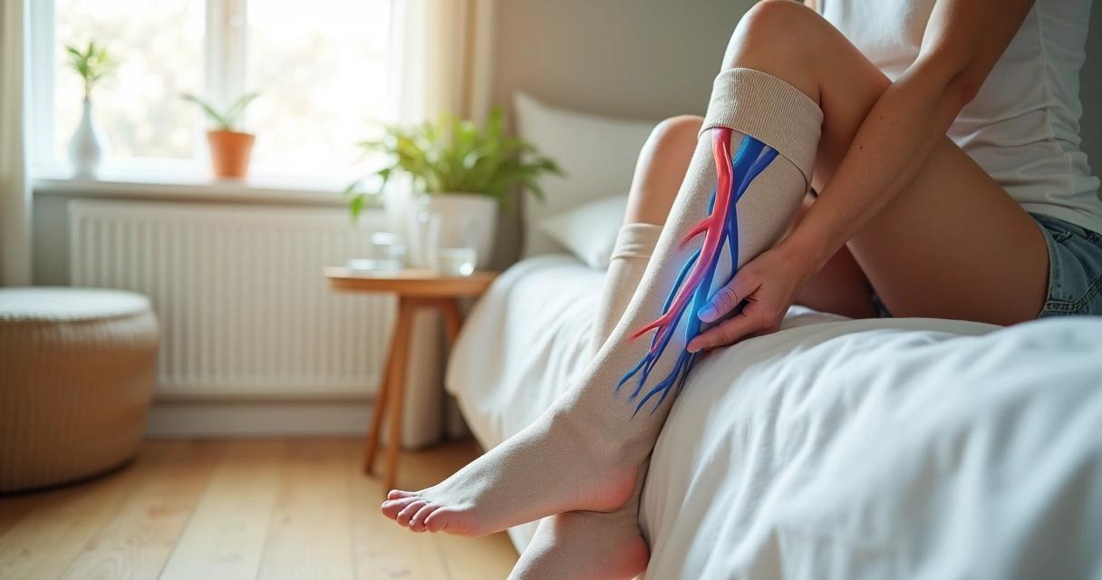 Mulher 50 plus vestindo meias de compressão enquanto observa leve ilustração da circulação nas pernas 