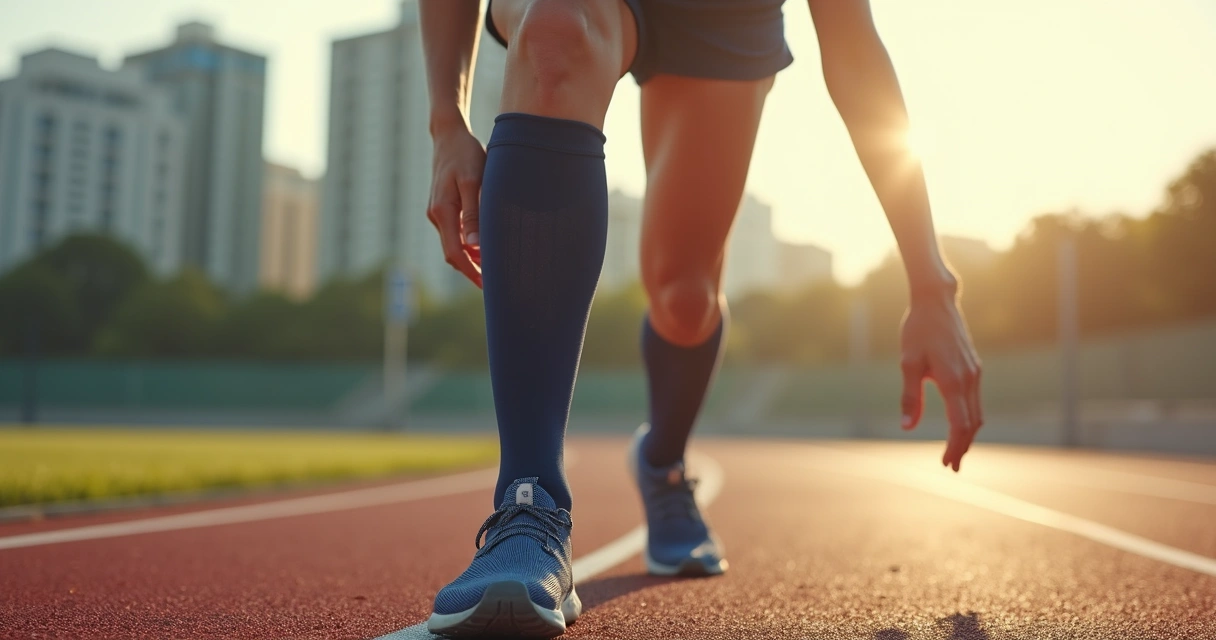 Corredora usando meias de compressão na pista