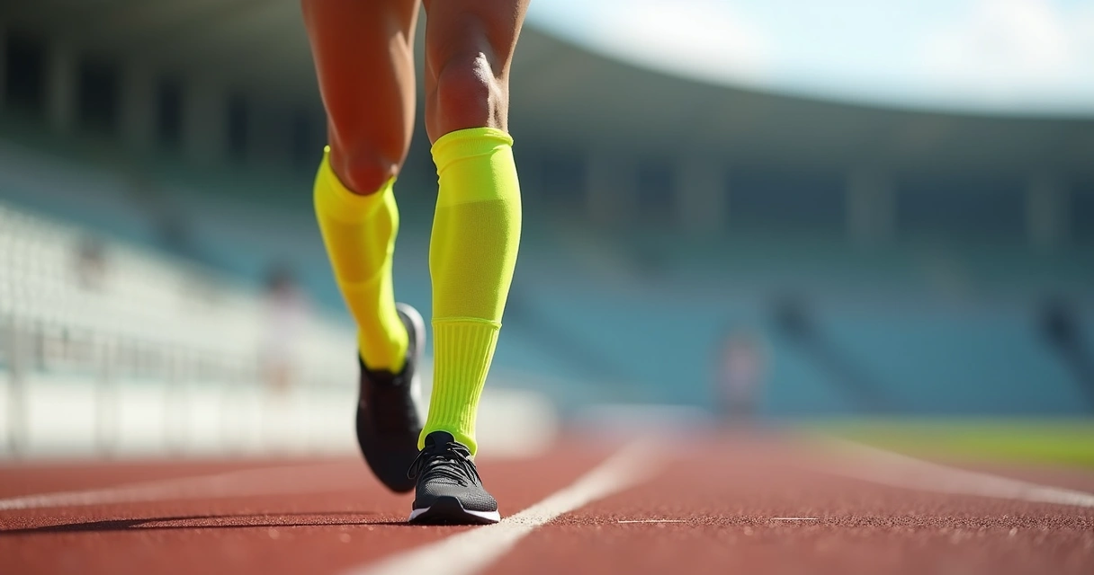Pernas com meias elásticas de compressão usadas em treino de corrida ao ar livre, foco na região da panturrilha 
