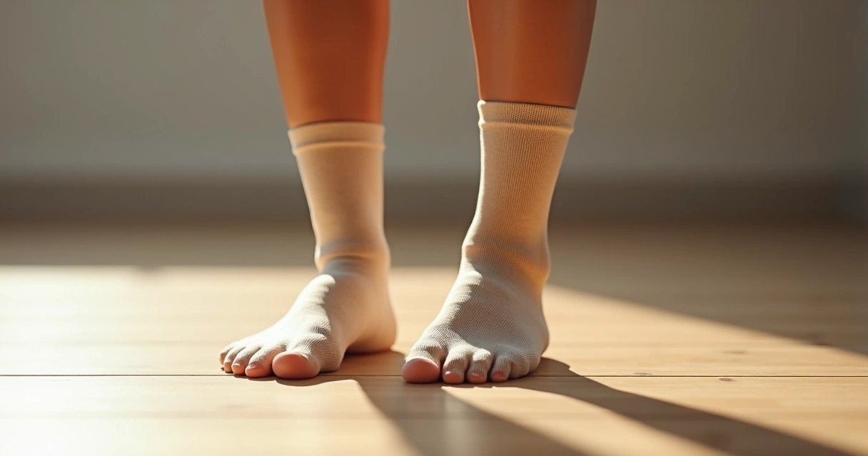 Meias de compressão vestidas em pernas com leve inchaço 