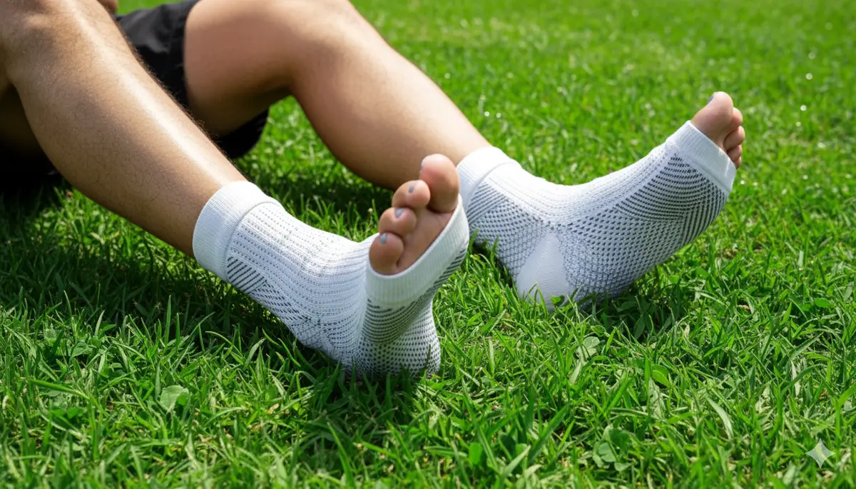Pessoa sentada na grama usando meias de compressão NeuroFit