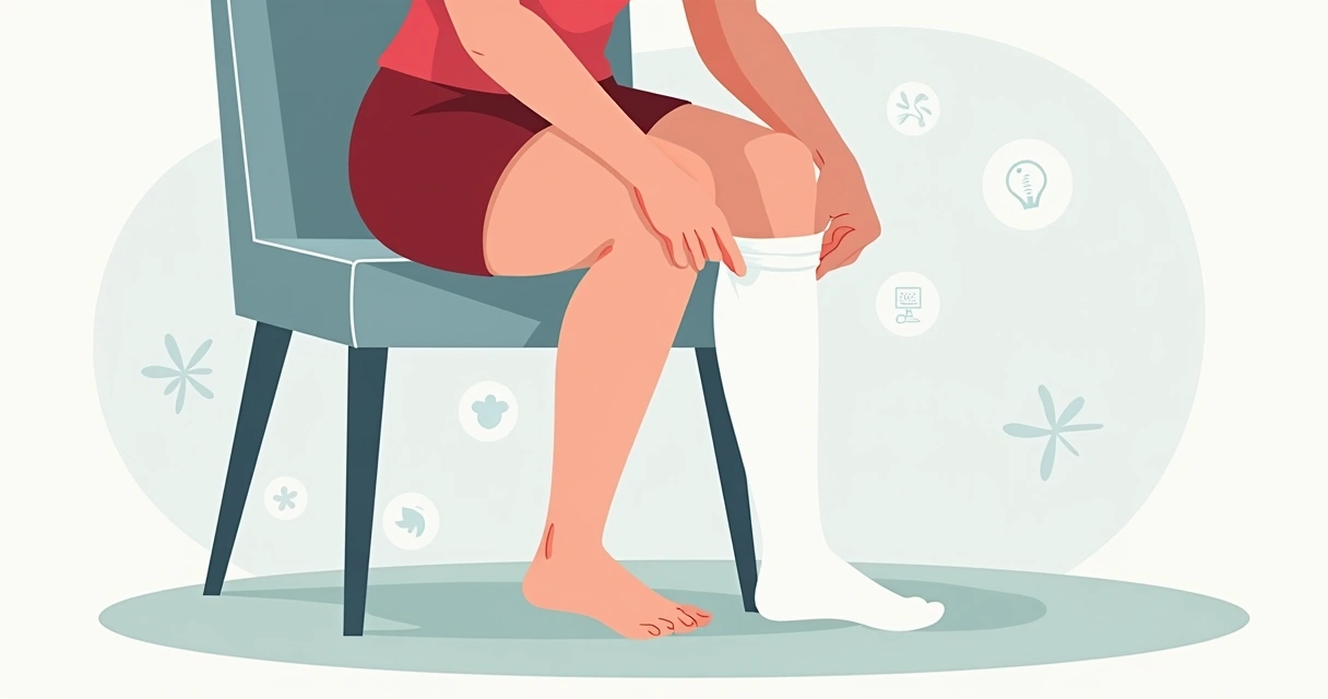 Pessoa colocando meias de compressão branca em perna com sinais de trombose 