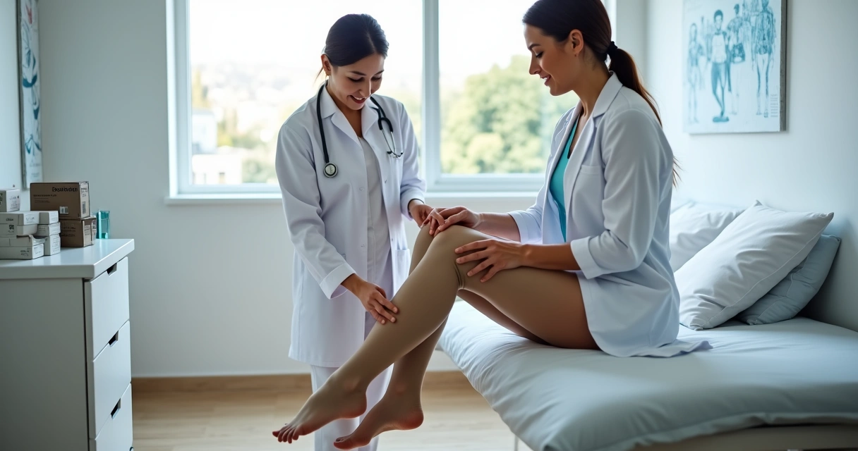 Paciente sentado calçando meia elástica de compressão em consultório vascular moderno 