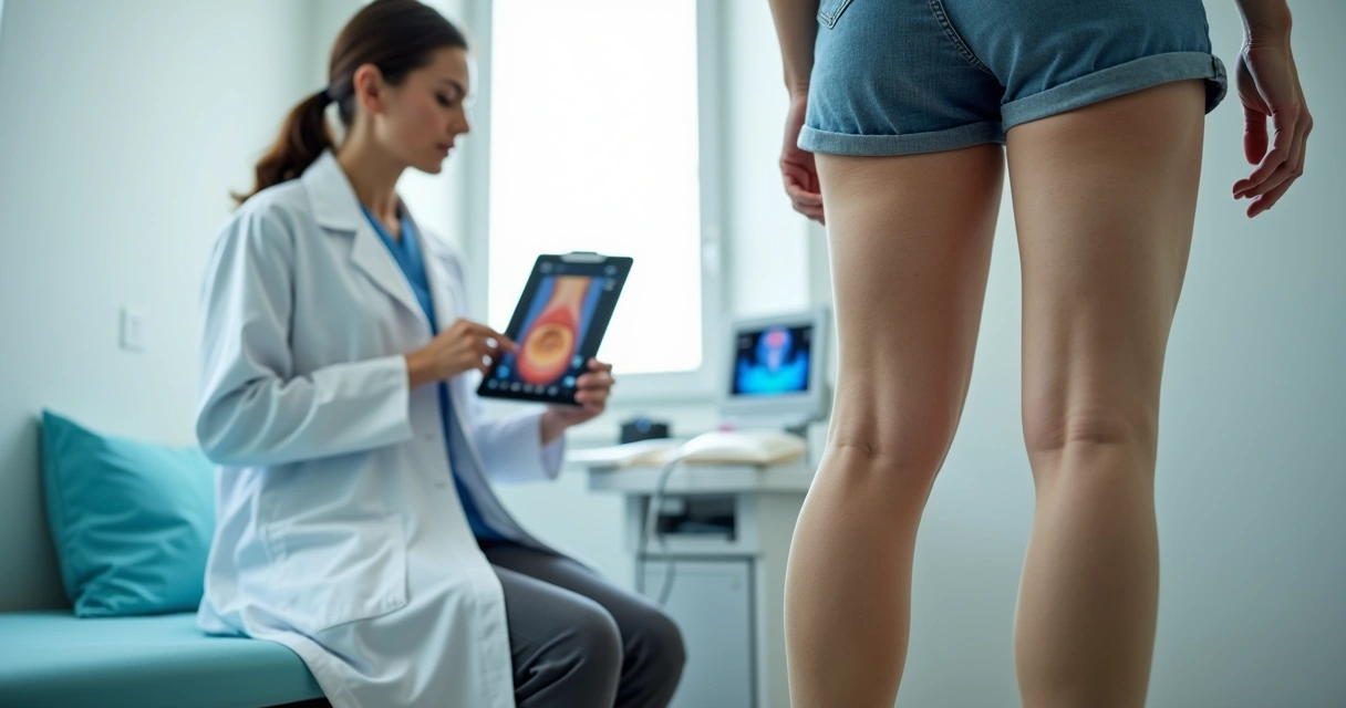 Paciente em pé vestindo meia compressiva após tratamento de varizes enquanto médico vascular explica cuidados em tablet 