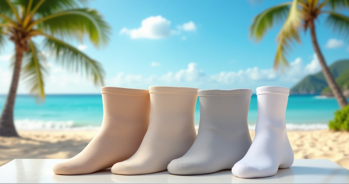Meias elásticas em cores claras exibidas em clima de praia 