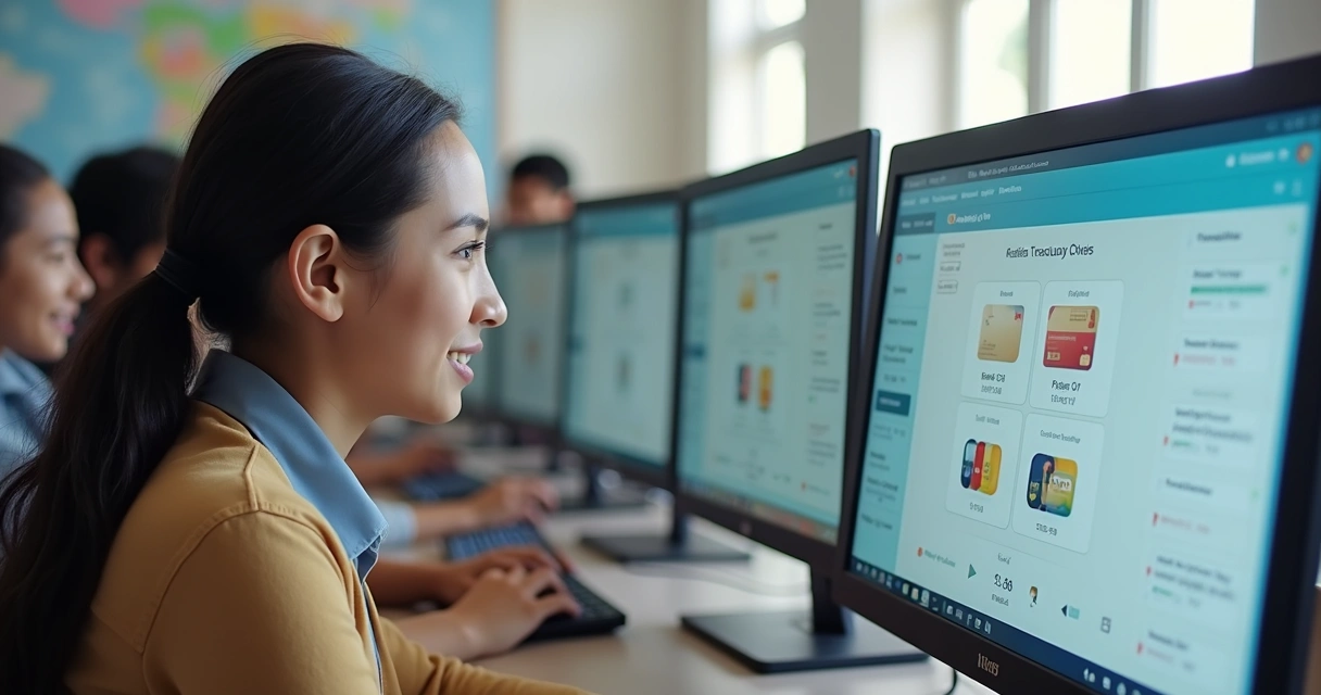 Alunos no laboratório de informática usando computadores; gráficos de pagamento na tela