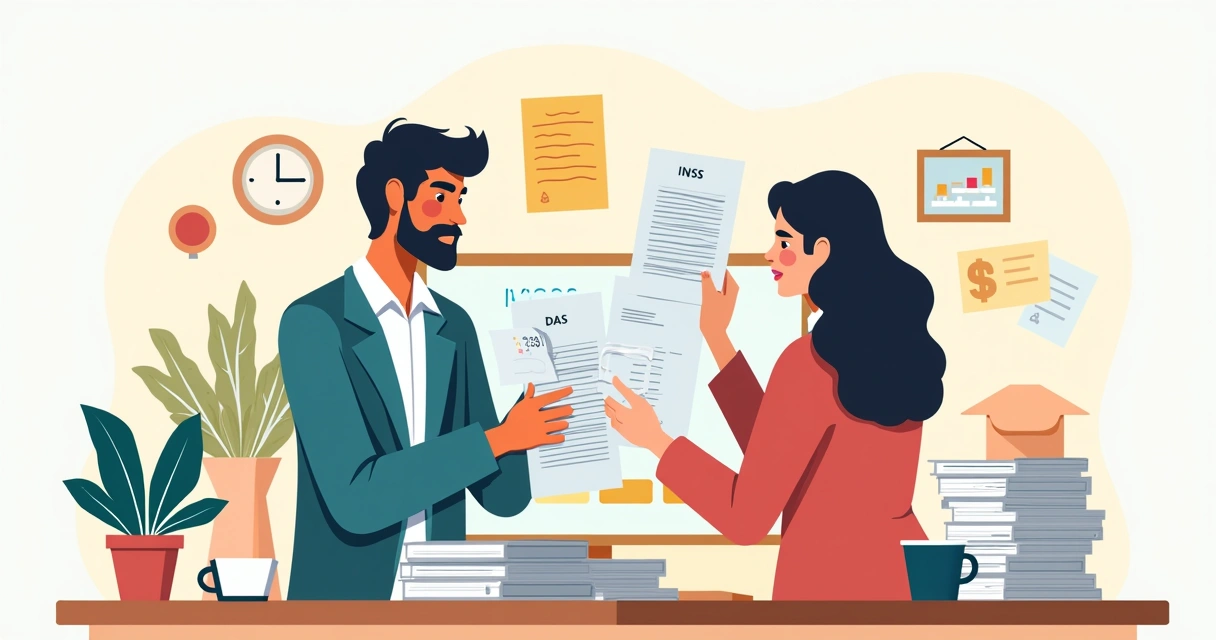 Duas pessoas sentadas em uma mesa, analisando recibos e documentos de pagamento de DAS, com computador exibindo o portal do INSS ao fundo