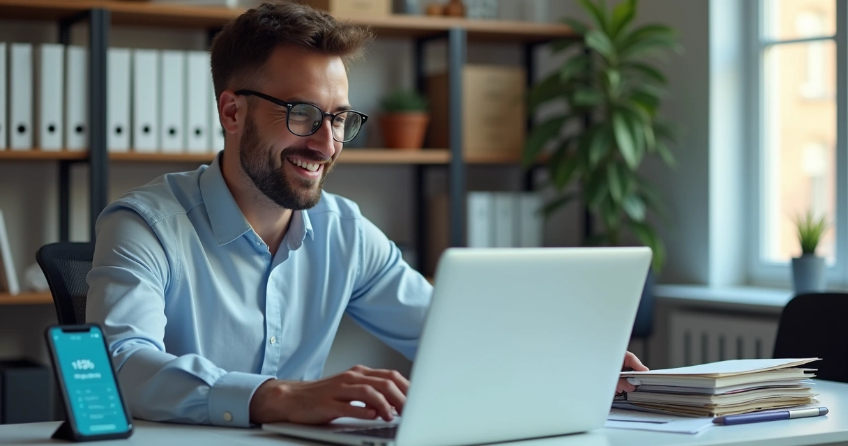 Empreendedor digitalizando documentos fiscais em notebook em escritório organizado 