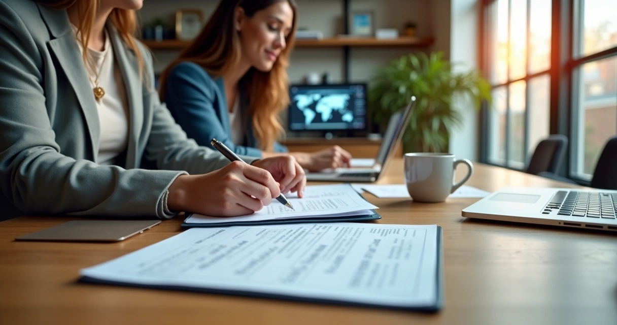 Dois freelancers analisando documentos e usando notebook. 