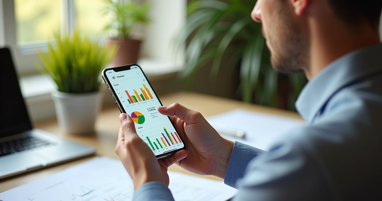 Pequeno empresário usando aplicativo de finanças no celular com gráficos na tela 