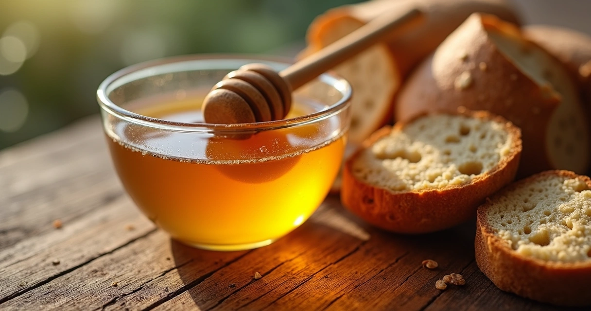 Mel em tigela com pão ao fundo 