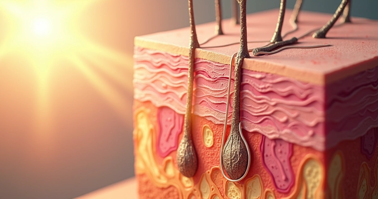 Camadas da pele humana e melanócitos em detalhe 