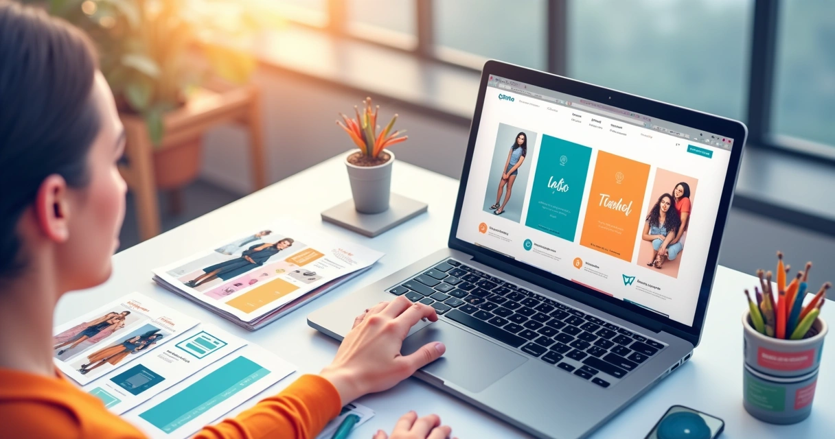 Modelos de catálogo digital para edição no Canva exibidos na tela de um notebook