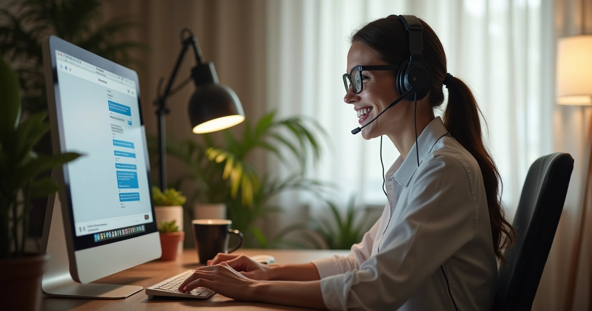 Profissional atendendo cliente com simpatia por mensagem digital. 