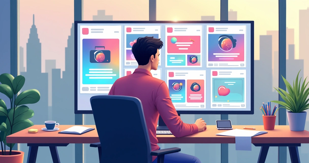 Pessoa trabalhando em layouts de anúncio para Instagram, com tela de computador mostrando diferentes versões de artes. 