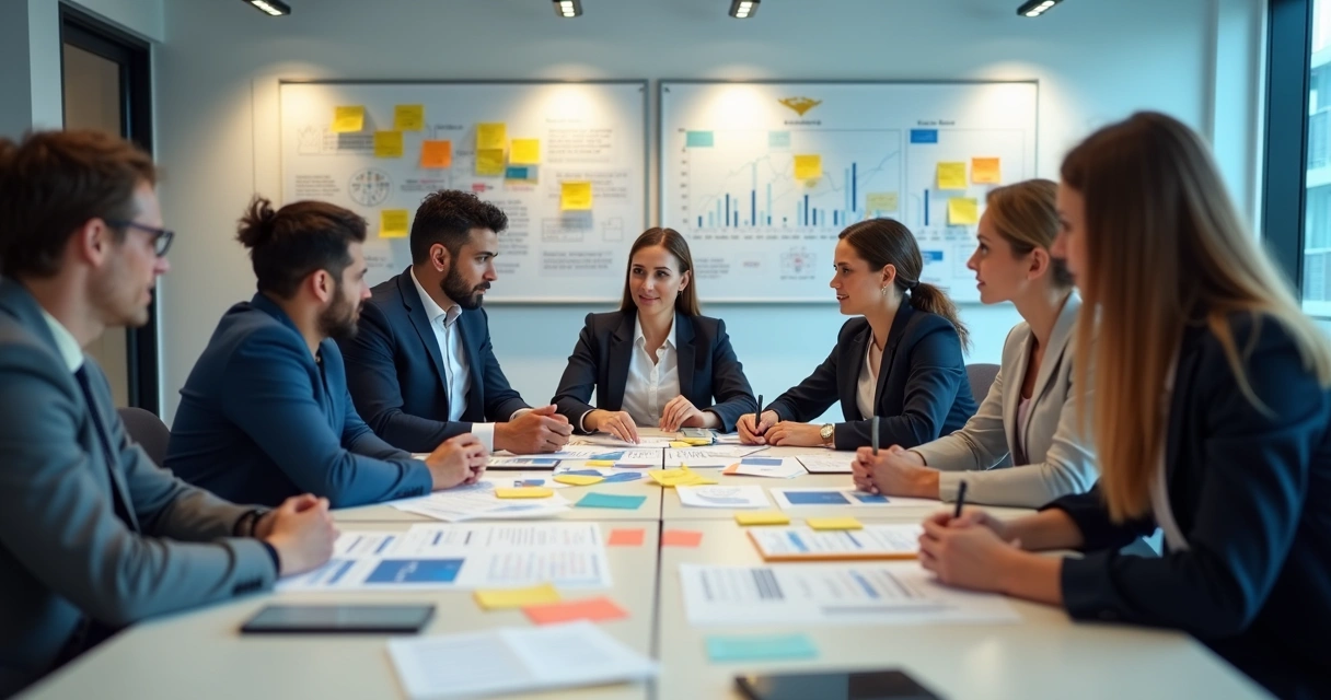 Equipe discutindo melhorias no atendimento de clientes em uma reunião colaborativa 