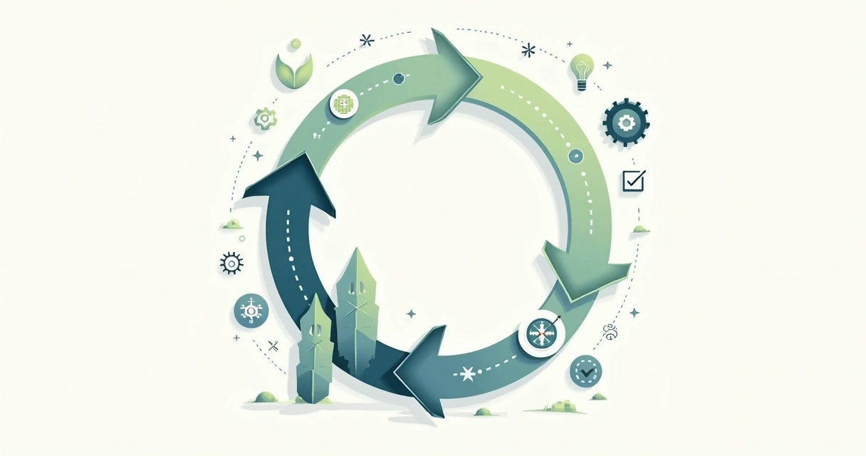 Ilustração de melhoria contínua em ciclo Scrum com setas crescentes 