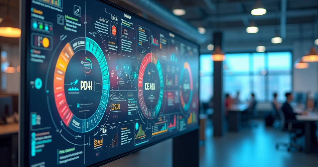 Painel digital mostrando ciclo de melhoria contínua com gráficos de desempenho 