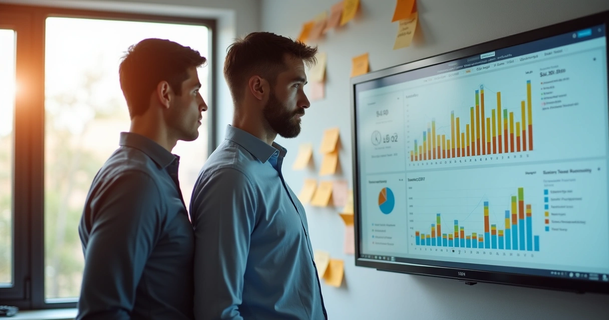 Gestor e vendedor analisando gráficos de progresso em tela, lado a lado 