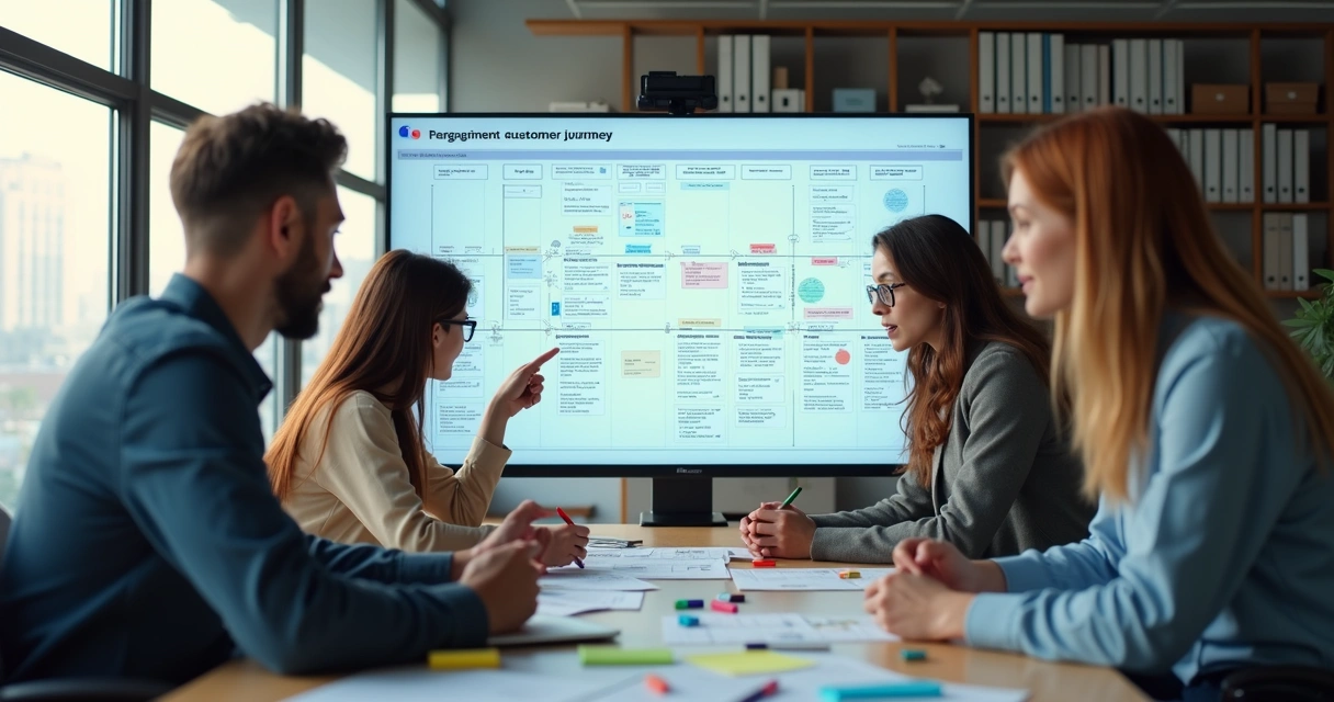 Equipe analisando fluxograma da jornada do cliente na tela 