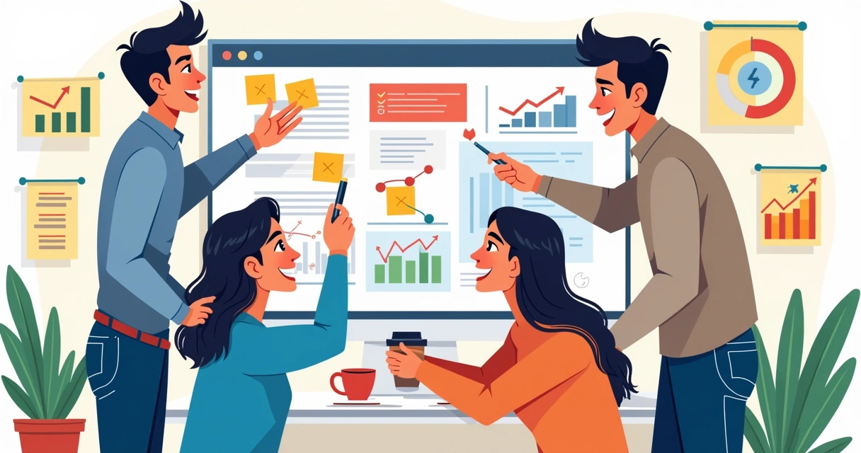Equipe revisando e ajustando campanhas de marketing 