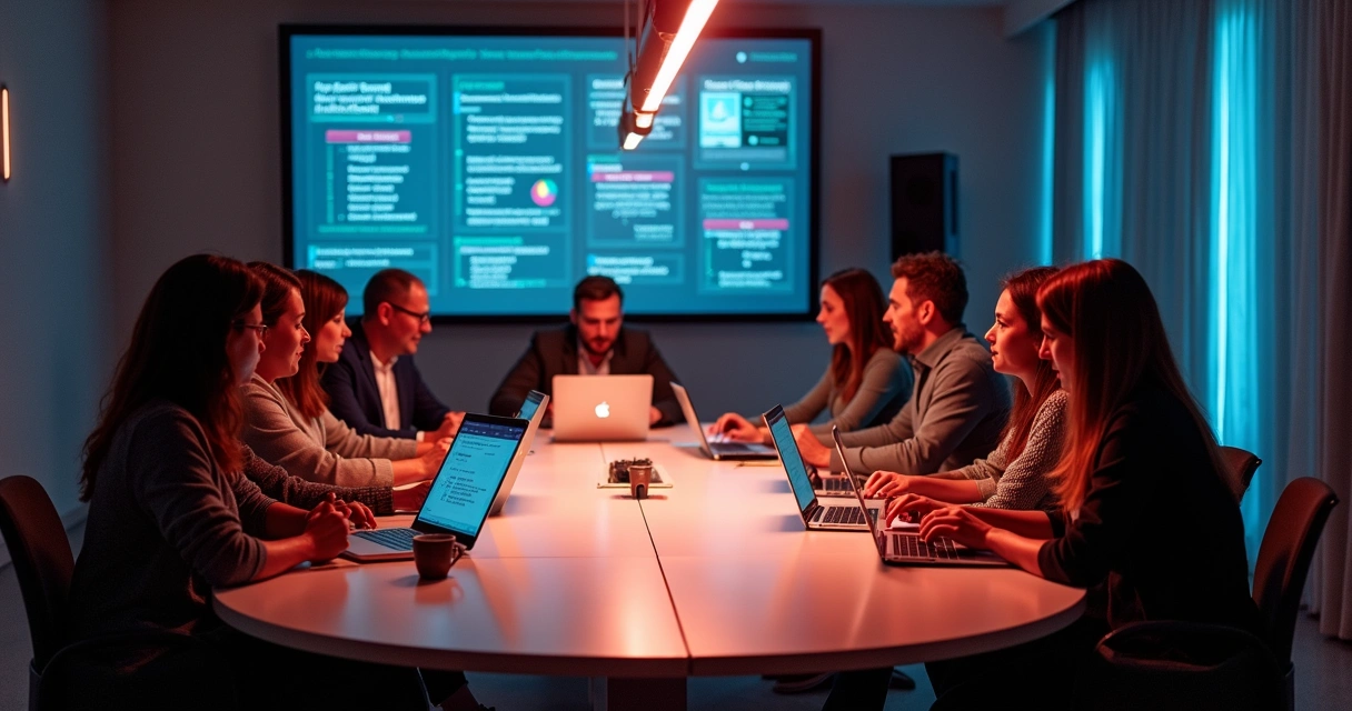 Equipe reunida revisando resultados em mesa redonda
