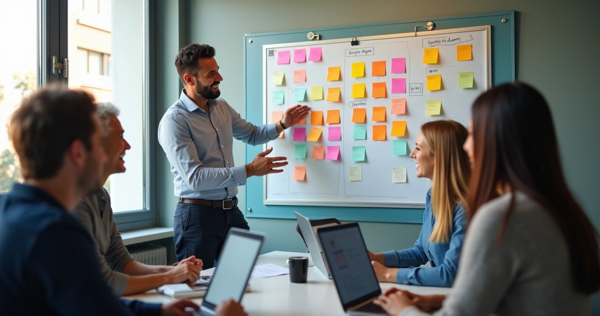 Quadro kanban de vendas com post-its sendo movidos por equipe 