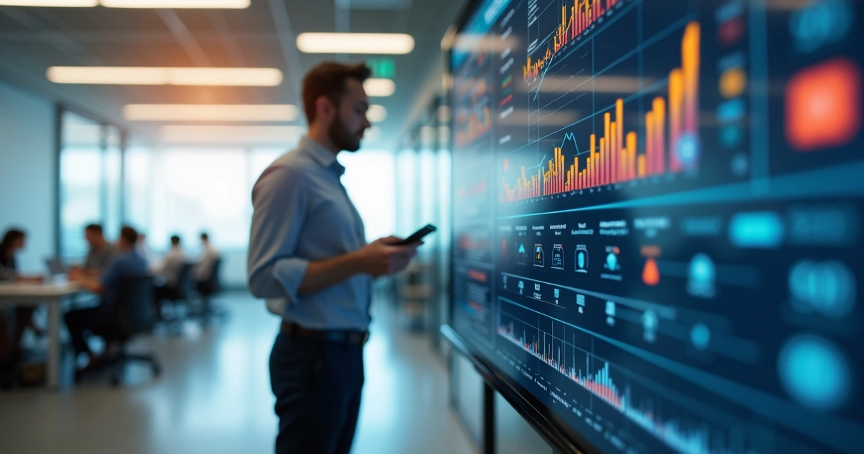 Gestor analisando indicadores de vendas em painel digital 