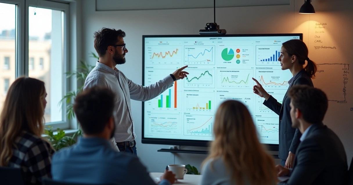 Time analisando resultados de testes A/B em dashboard. 