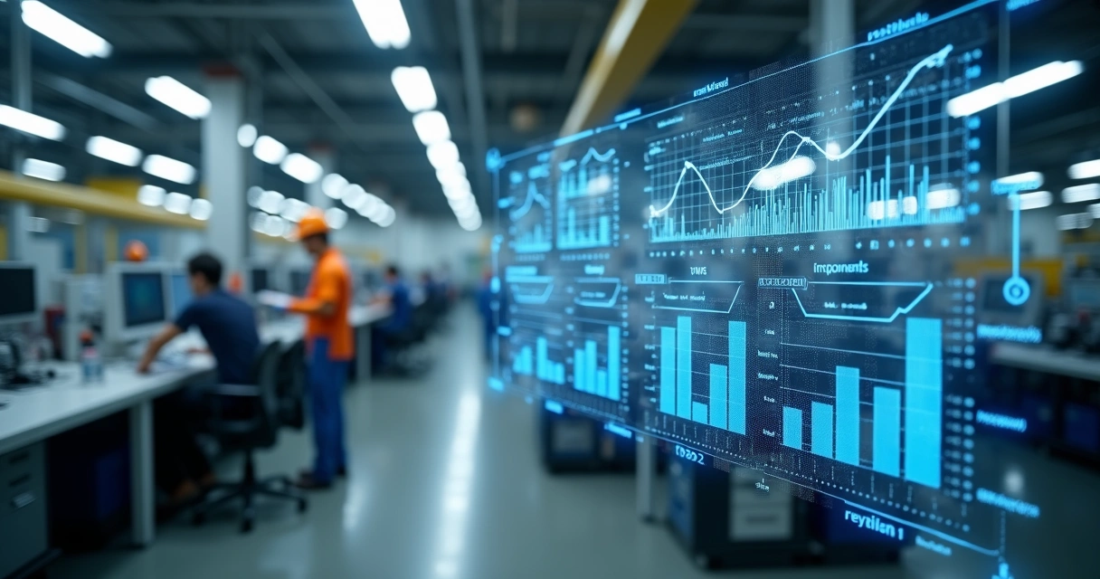 Processo industrial com indicadores de melhoria em exibição