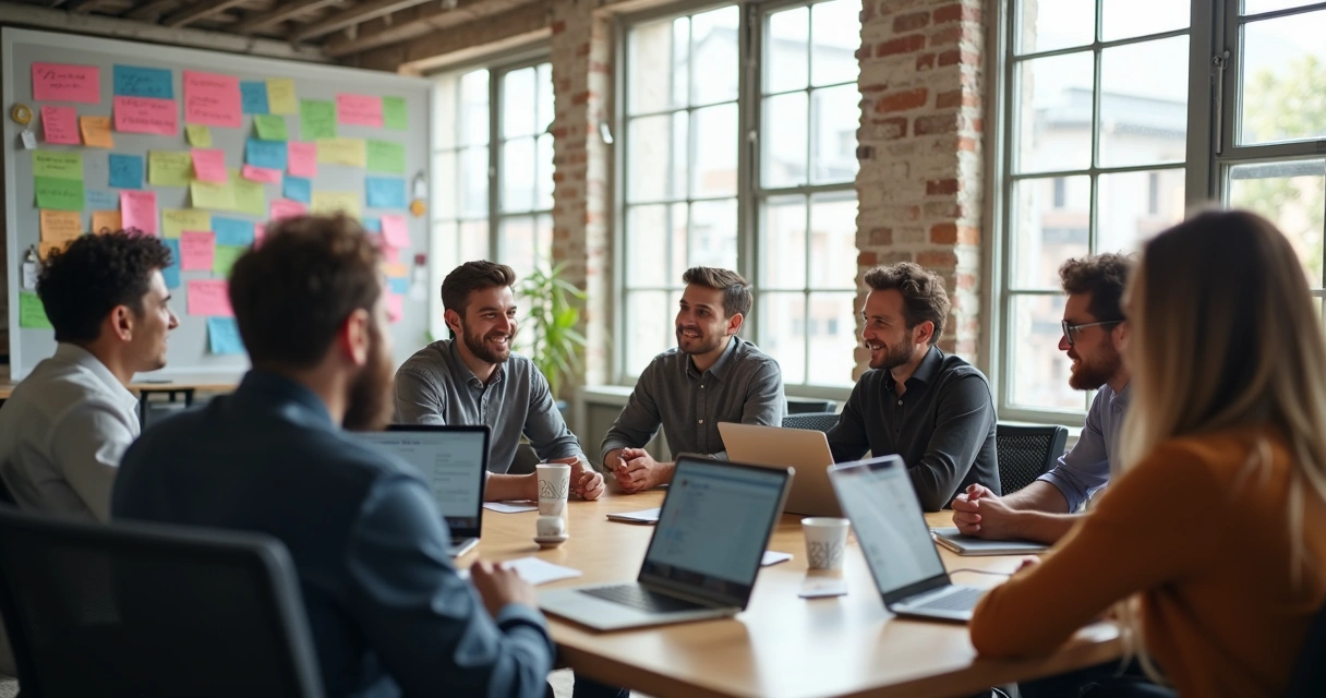 Encontro de membros de uma comunidade de negócios, sentados em círculo trocando ideias e experiências