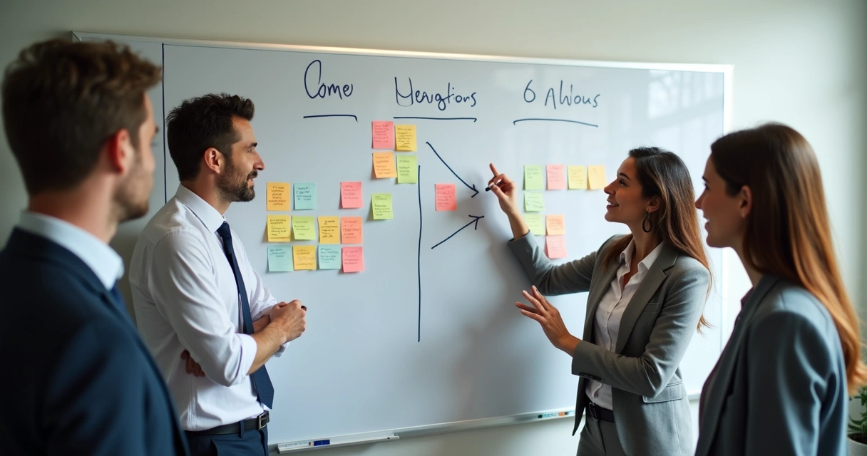 Membros de equipe em ambiente profissional lidando juntos com um quadro branco repleto de mudanças de planejamento. 